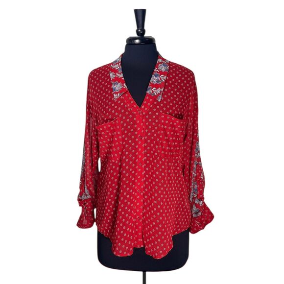 Free People Women’s M Red Bandana Paisley Easy Rider Sheer Chiffon Button Shirt - Picture 1 of 10